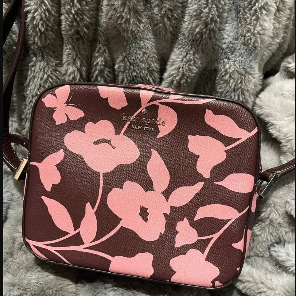 Kate Spade New York Burgundy & Pink Floral Saffiano Camera Crossbody